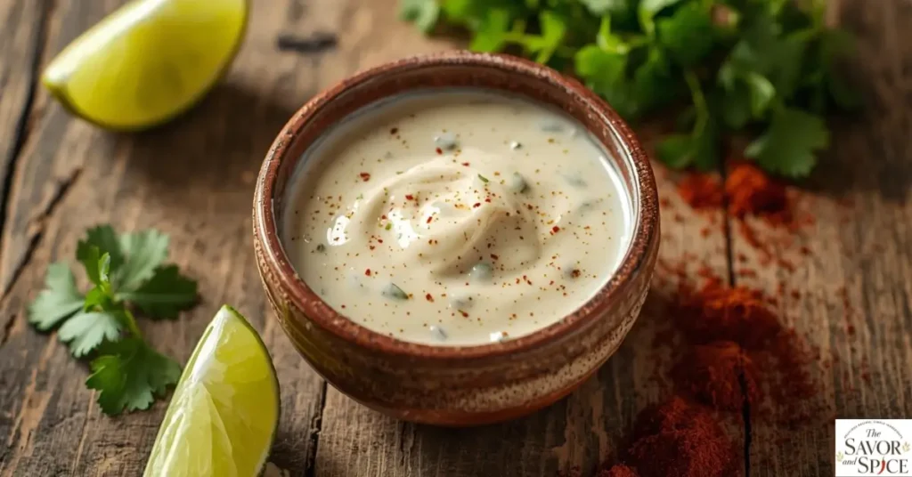 Creamy taco salad dressing in a small bowl with fresh lime and cilantro around it.