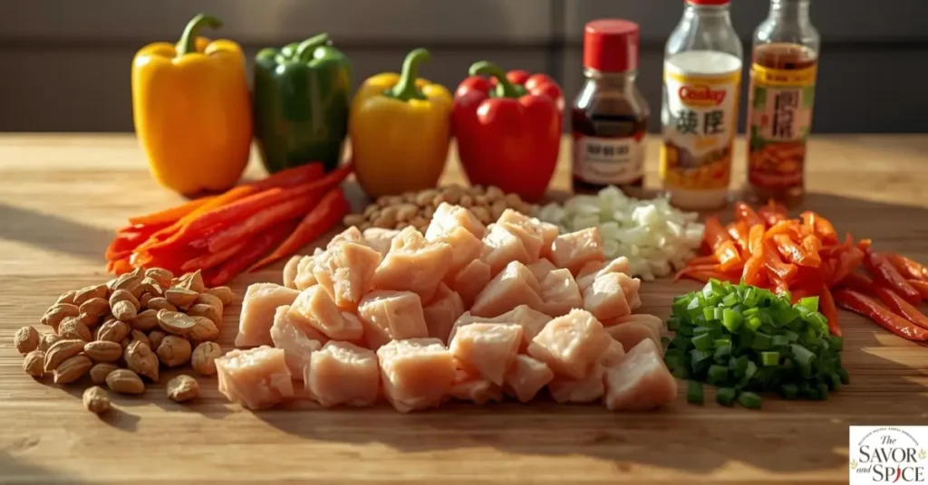 Fresh cooking ingredients including chicken, bell peppers, peanuts, green onions, with bottles of soy sauce, hoisin, and rice vinegar neatly arranged on a kitchen rack, all in sharp focus.