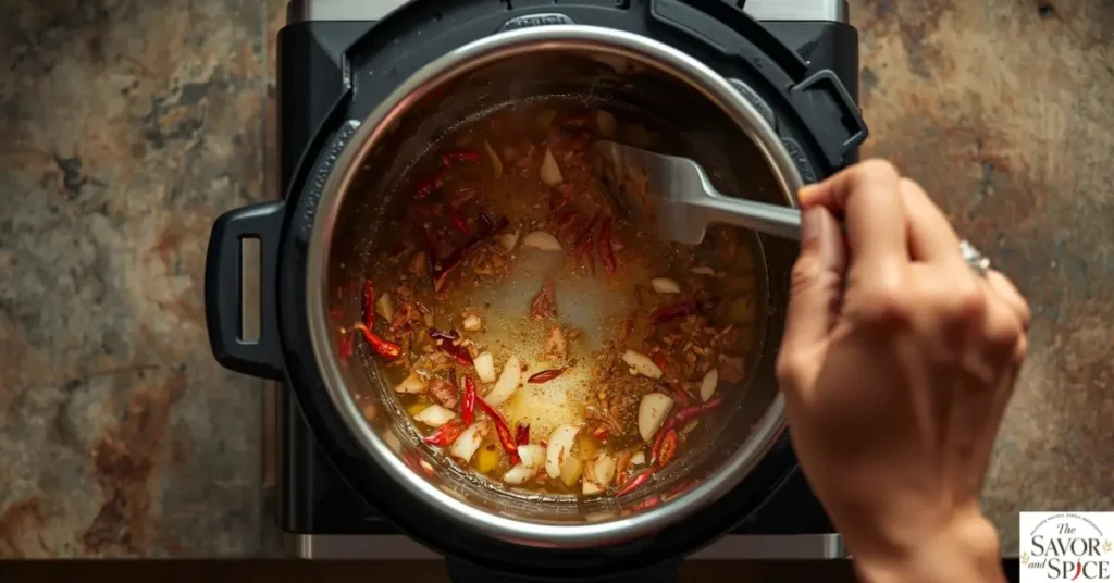 sautéing garlic, ginger, and dried chilies in an Instant Pot with a splash of oil, starting the flavorful base for Kung Pao chicken.