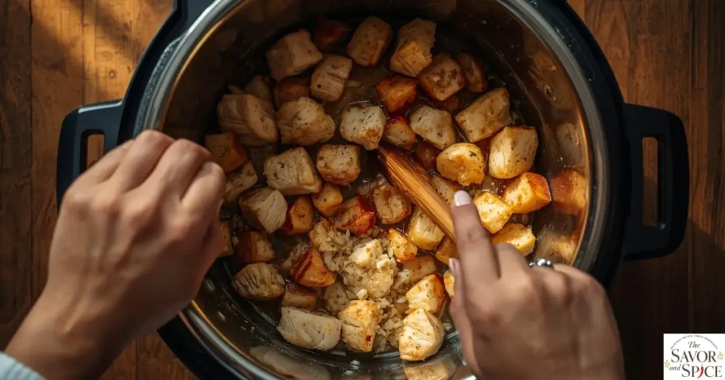 cooking cubed chicken breast in an Instant Pot, browning the outside to seal in juices for Kung Pao chicken.