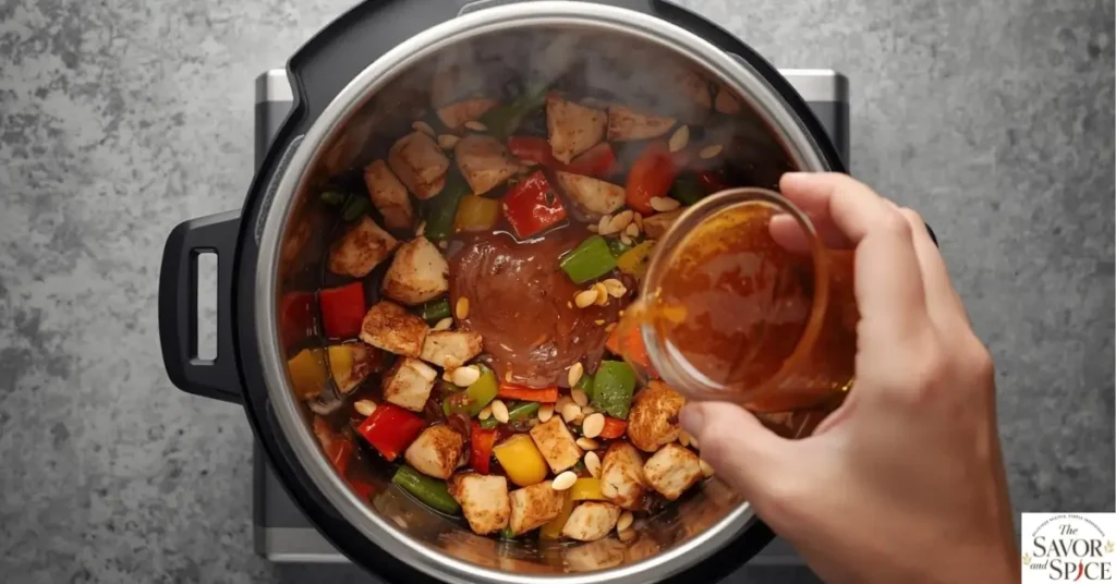 Step 4 of Instant Roast Kung Pao Chicken: Pouring savory Kung Pao sauce over cooked chicken, vegetables, and peanuts in a wok, with steam rising and vibrant colors.