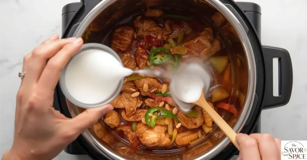 Step 5 of Instant Roast Kung Pao Chicken: Stirring cornstarch slurry into chicken, vegetables, and peanuts in a wok, thickening the savory sauce with steam rising.
