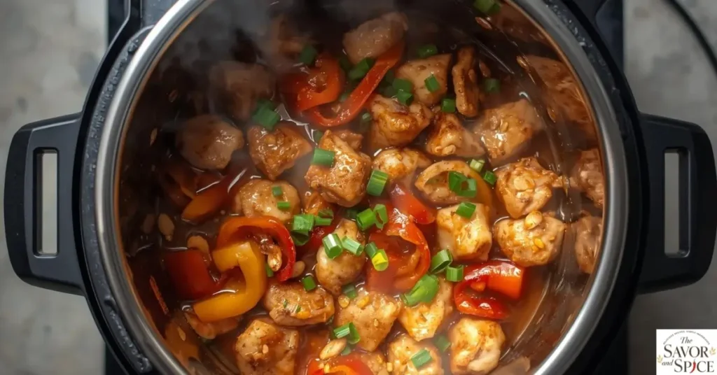 Instant pork kung pao chicken garnished with green onions.
