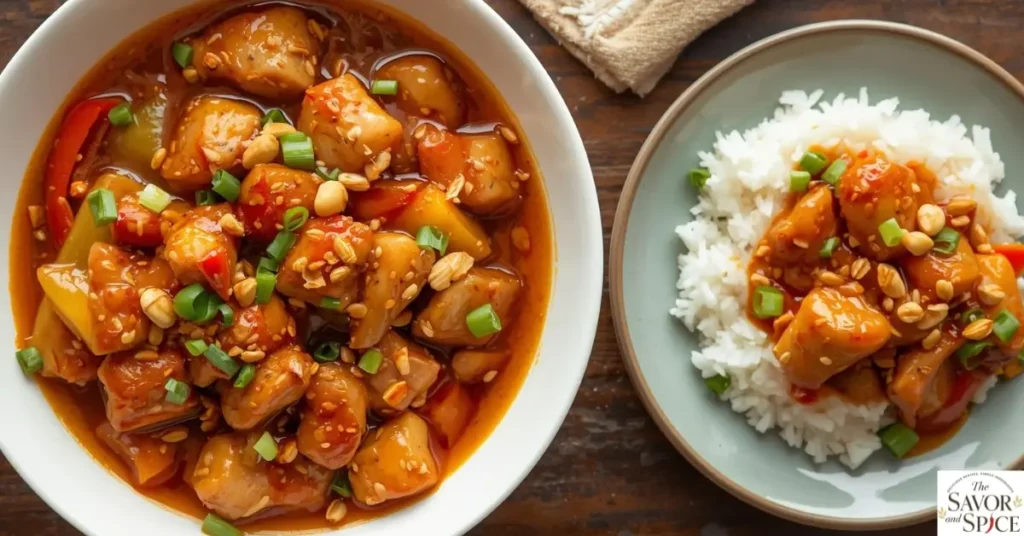 Instant pork kung pao chicken served with white rice.