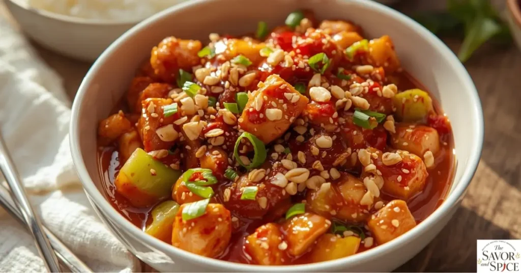 Bowl of spicy Kung Pao chicken made in an Instant Pot, garnished with peanuts and green onions, served with steamed rice.