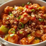 Bowl of spicy Kung Pao chicken made in an Instant Pot, garnished with peanuts and green onions, served with steamed rice.