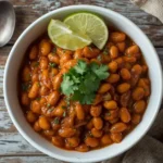 Instant Pot Pinto Beans garnished with fresh cilantro and lime wedges in a rustic white bowl on a wooden table.