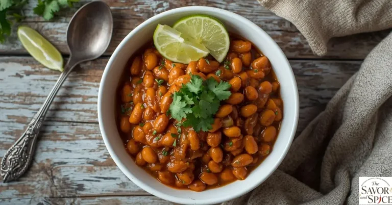 Instant Pot Pinto Beans garnished with fresh cilantro and lime wedges in a rustic white bowl on a wooden table.