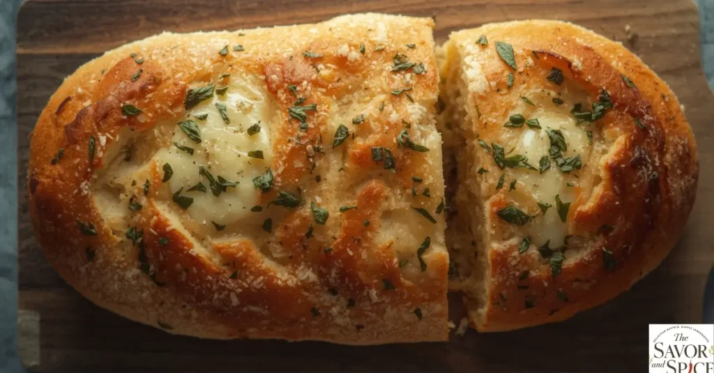 Italian herb and garlic cheese bread baked to golden brown.