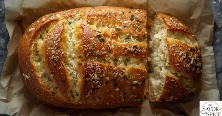 Golden Italian herb and cheese bread loaf topped with melted mozzarella and parmesan, sliced to show its soft, fluffy inside.