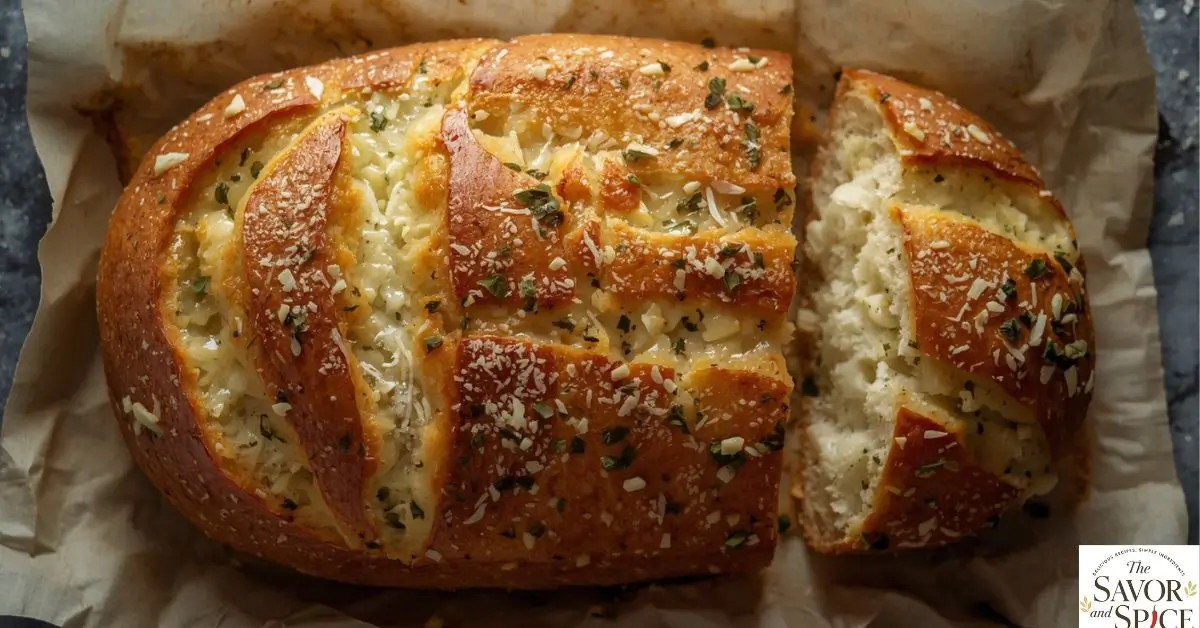 Golden Italian herb and cheese bread loaf topped with melted mozzarella and parmesan, sliced to show its soft, fluffy inside.