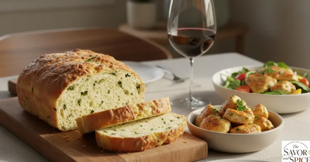 Sliced Italian Herb and Cheese Bread on a cutting board, served with Garlic Butter Chicken Bites and salad on a cozy dining table.