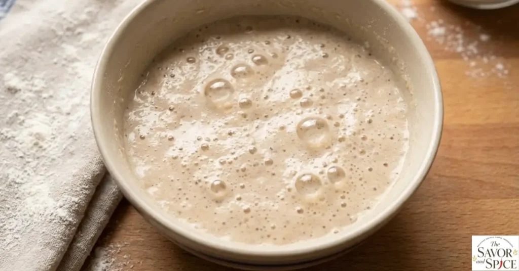 Warm water mixed with sugar and active dry yeast in a bowl, beginning to foam as the yeast activates.