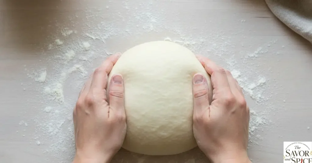 Hands kneading soft Italian Herb and Cheese Bread dough in a clean kitchen, showing a smooth and stretchy texture.
