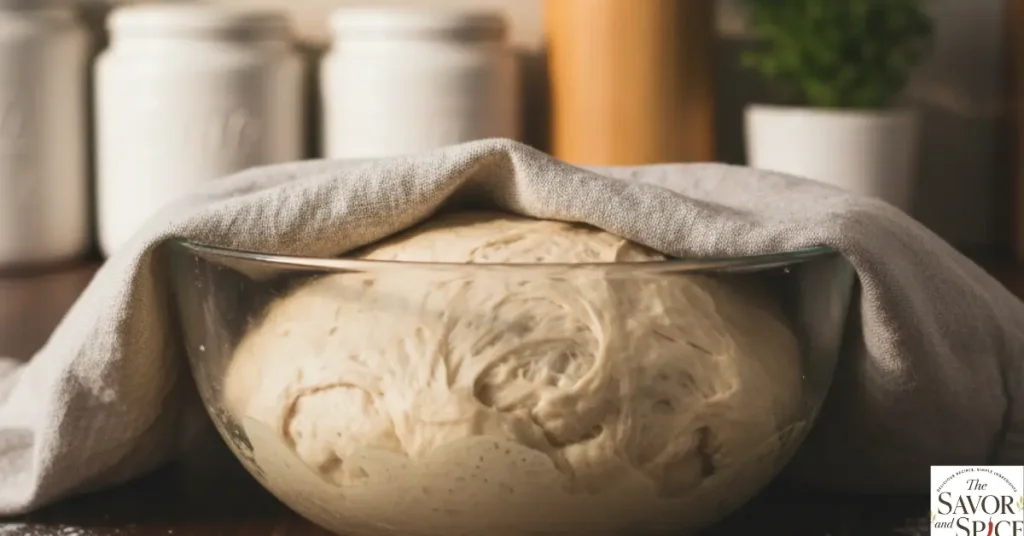 Bread dough rising in a bowl on a clean kitchen counter, covered lightly on top with a cloth, soft and airy.