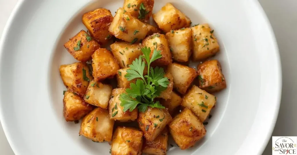 Lemon garlic butter chicken bites served in white plate.