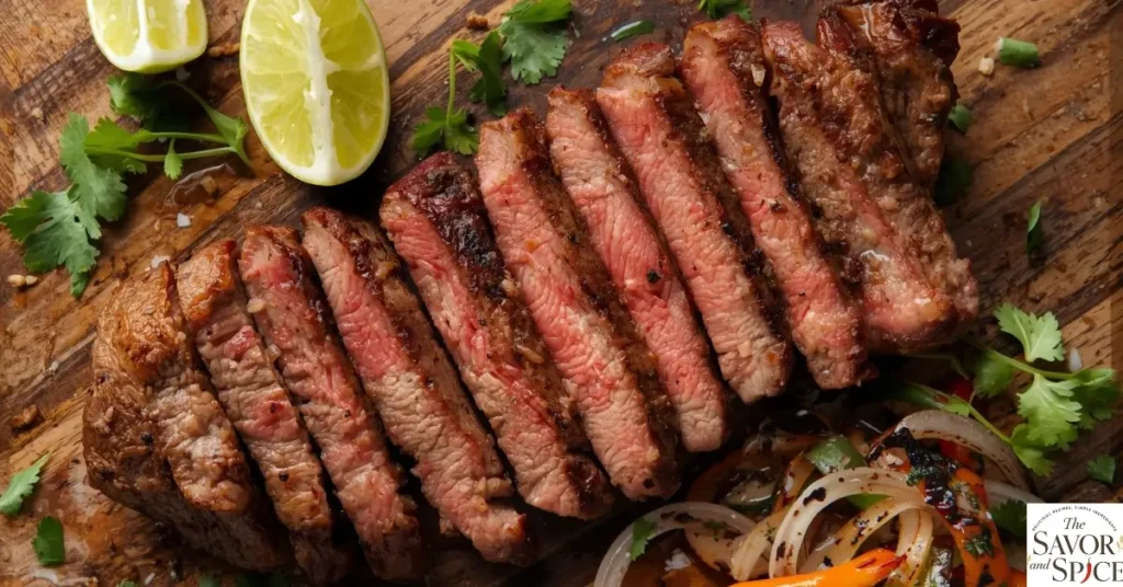 Juicy grilled carne asada steak sliced on a wooden board with lime and cilantro.