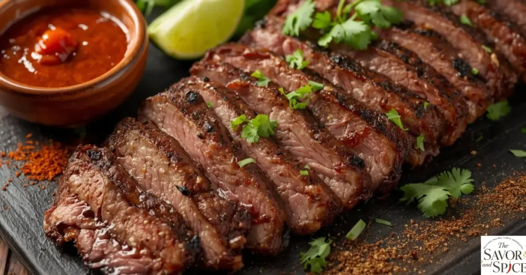 Grilled carne asada steak sliced with fresh cilantro and a small bowl of carne asada marinade on the side.