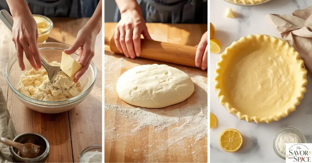 How to make lemon meringue pie – three-step collage showing dough being mixed, rolled, and placed in a pie dish on a wooden table.