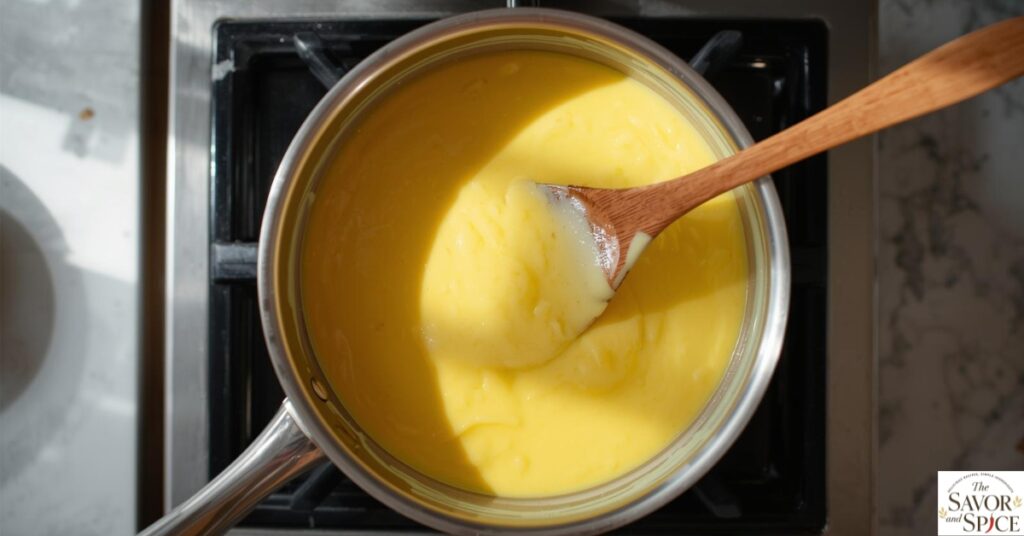 How to make lemon meringue pie – bright yellow lemon filling being stirred in saucepan with wooden spoon.
