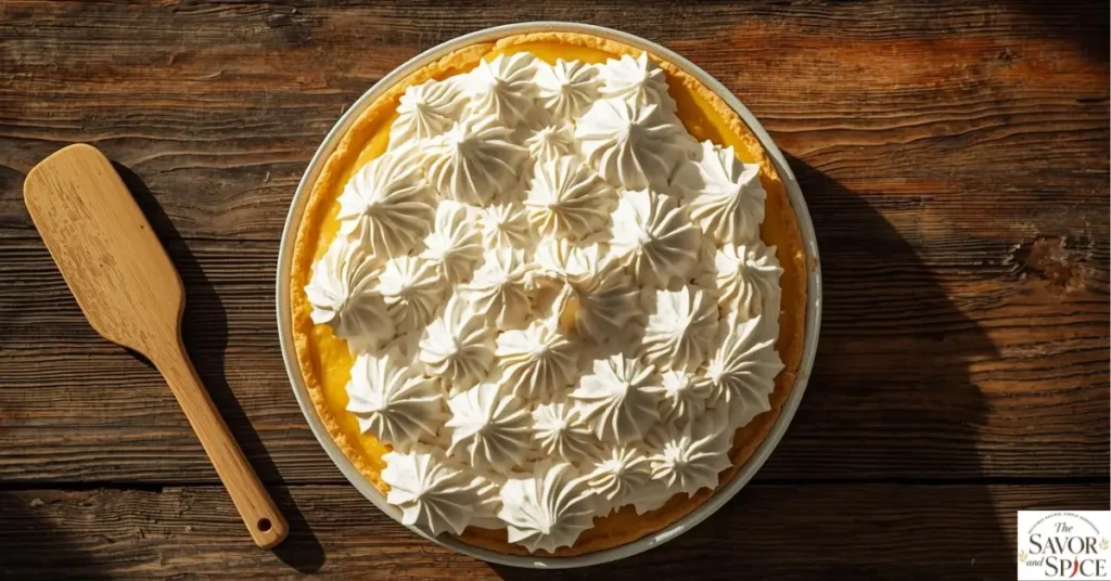 Unbaked lemon meringue pie topped with fluffy swirls of meringue on a wooden table, ready to go into the oven.