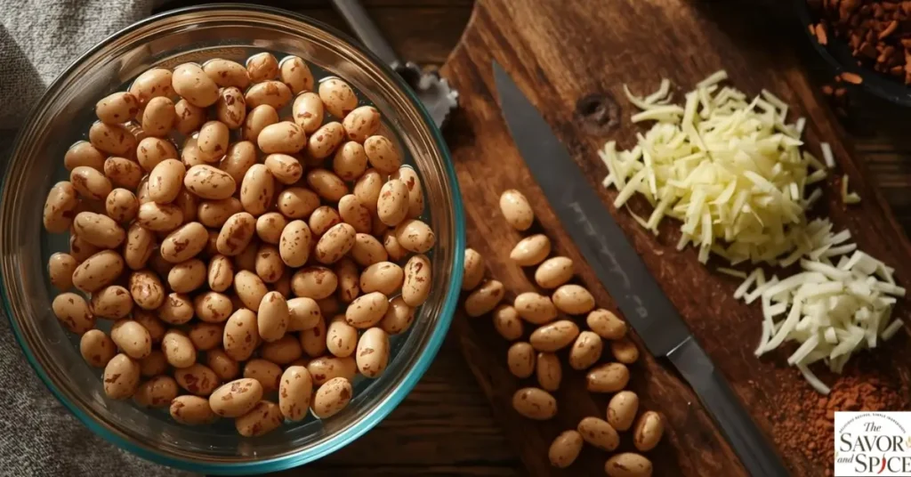 Rinsing speckled light brown pinto beans in a bowl with chopped onion and minced garlic on a cutting board.