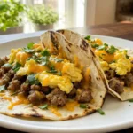 Sausage Breakfast Smash Tacos filled with crispy sausage, scrambled eggs, and melted cheddar cheese, served on warm tortillas with avocado and cilantro on a dark brown table.