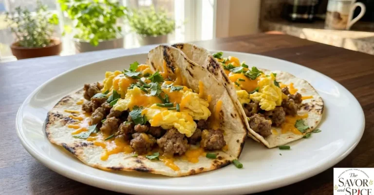 Sausage Breakfast Smash Tacos filled with crispy sausage, scrambled eggs, and melted cheddar cheese, served on warm tortillas with avocado and cilantro on a dark brown table.