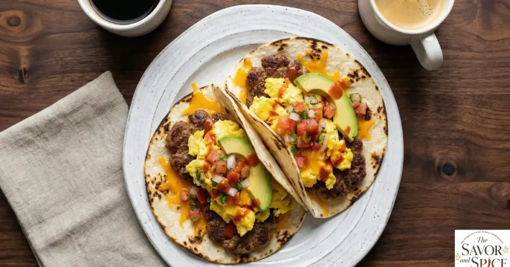 Breakfast Smash Tacos served on a plate with sausage, eggs, melted cheese, avocado, and cilantro, showing a cozy and flavorful morning meal.