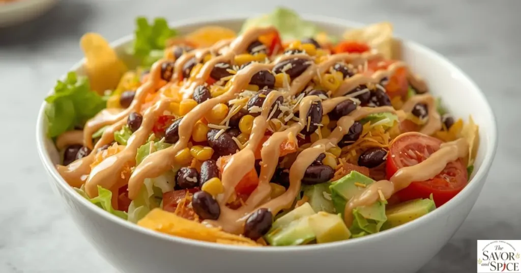 Bowl of taco salad topped with creamy taco salad dressing and rich toppings including lettuce, tomatoes, corn, beans, avocado, tortilla strips, and shredded cheese.