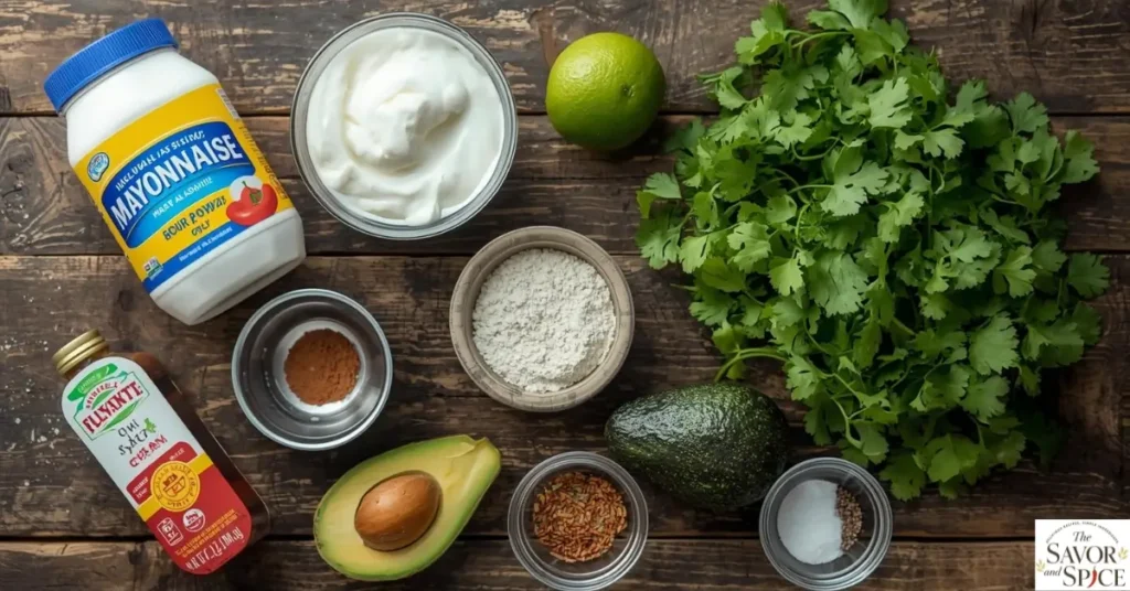 Ingredients for creamy taco salad dressing neatly arranged on a wooden table including mayonnaise, sour cream, lime, chili powder, garlic powder, cumin, salt, pepper, cilantro, and avocado.