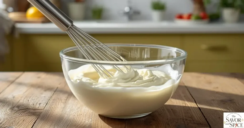Whisking mayonnaise and sour cream together in a glass bowl to create the creamy base for taco salad dressing.