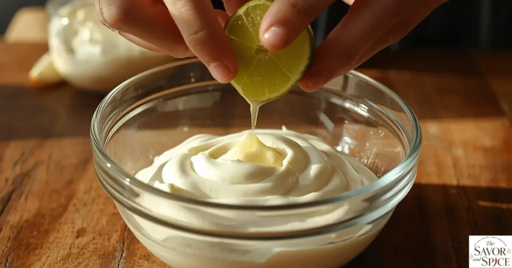 Hands squeezing fresh lime into a bowl of mayonnaise and sour cream for homemade taco salad dressing in a casual kitchen setting.