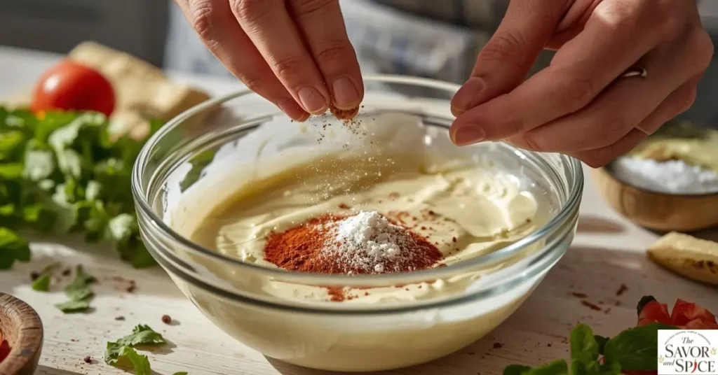 Sprinkling chili powder, cumin, garlic powder, salt, and black pepper into a glass bowl of creamy base for taco salad dressing in a casual kitchen setting.