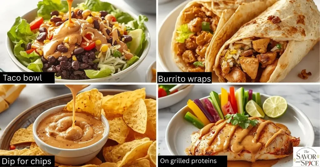 Collage showing four ways to use taco salad dressing: drizzled on a taco bowl, spread inside wraps and burritos, served as a dip with chips and fresh veggies, and poured over grilled chicken.