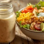 Glass jar of creamy taco salad dressing next to a bowl of colorful taco salad with lettuce, tomatoes, corn, beans, avocado, and tortilla strips.