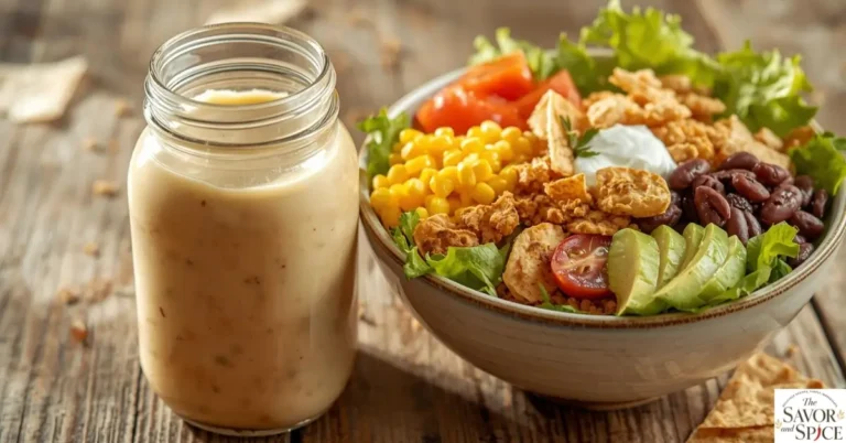 Glass jar of creamy taco salad dressing next to a bowl of colorful taco salad with lettuce, tomatoes, corn, beans, avocado, and tortilla strips.