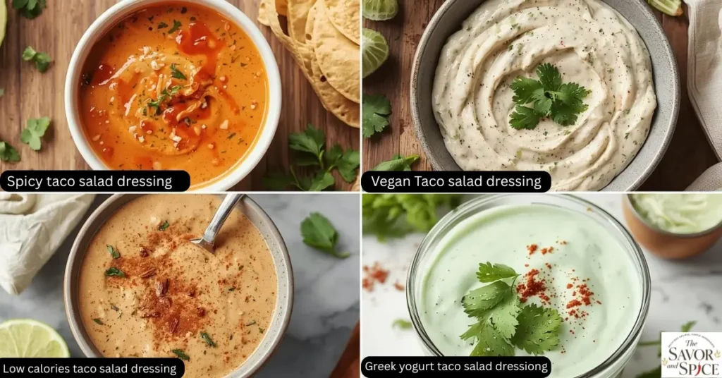Collage showing four variations of taco salad dressing spicy dressing with chili flakes, vegan dressing made dairy-free, cilantro-lime dressing with herbs, and low-calorie yogurt-based dressing.
