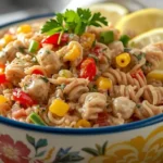 Creamy tuna pasta salad with chopped red, yellow, and green bell peppers in a colorful bowl, garnished with parsley and lemon wedges.