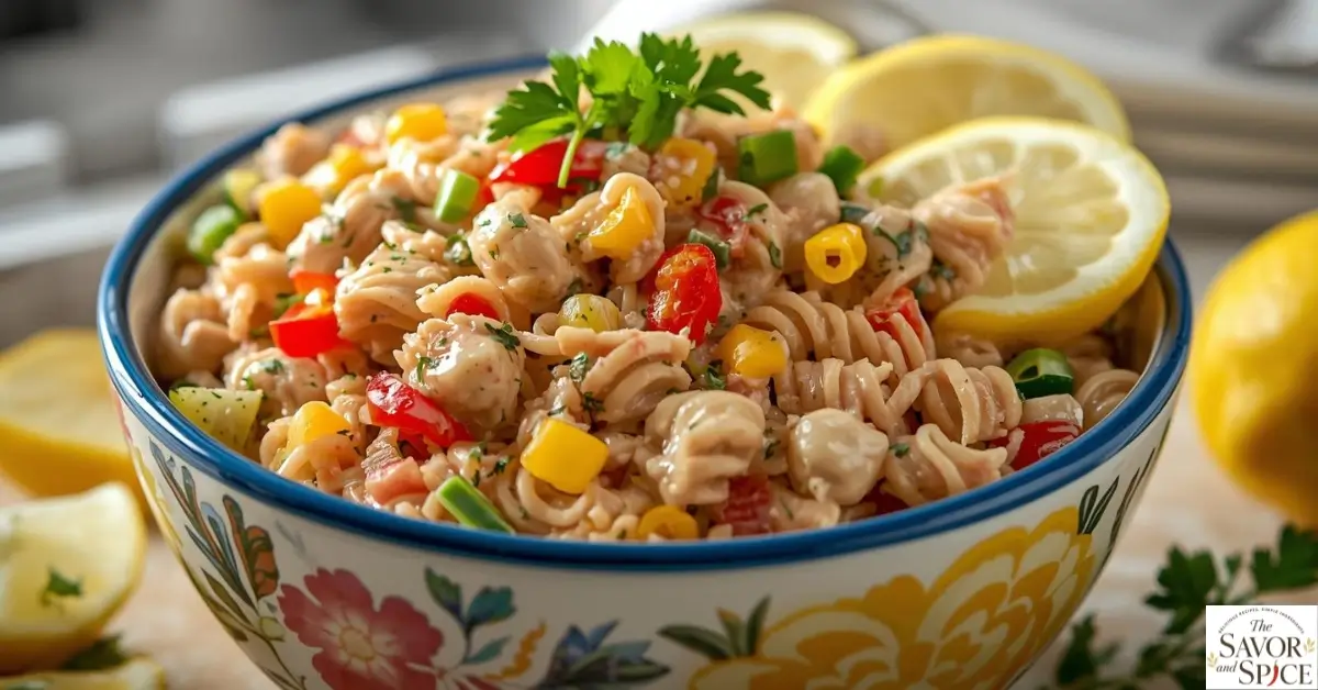 Creamy tuna pasta salad with chopped red, yellow, and green bell peppers in a colorful bowl, garnished with parsley and lemon wedges.