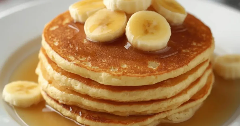 Fluffy buttermilk pancakes topped with bananas and maple syrup.