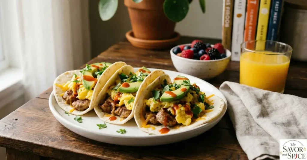 Sausage Breakfast Smash Tacos on white plate with avocado, cilantro, and side of fresh fruit in cozy home kitchen.