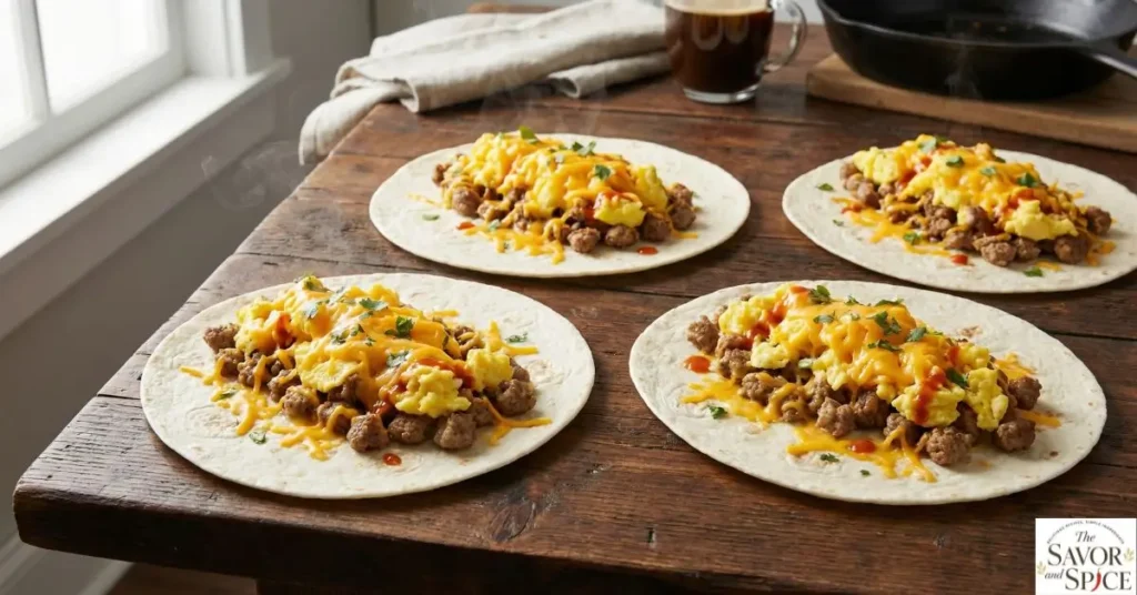 Assemble the Tacos for sausage breakfast smash tacos.