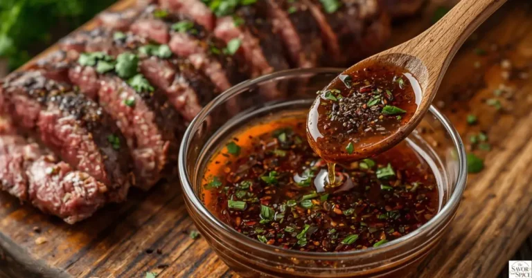 Juicy grilled carne asada sliced on a wooden board with a small bowl of best carne asada marinade, lime wedges, and cilantro.