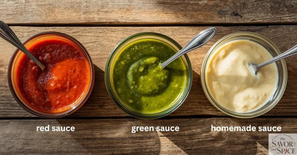 Three glass bowls with homemade red, green, and creamy enchilada sauces for Easy Chicken Enchiladas.