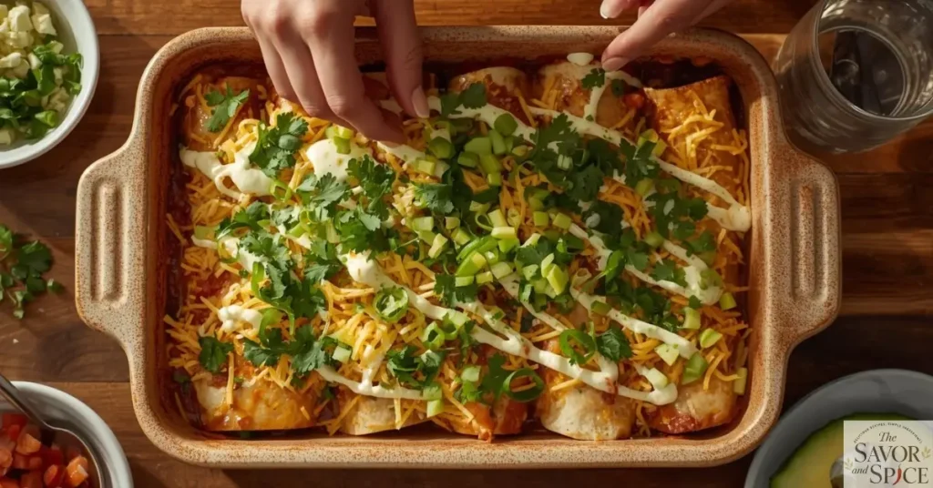 Easy Chicken Enchilada topped with fresh cilantro, green onions, sour cream, avocado, extra cheese, lime, and pico de gallo for a colorful finish.