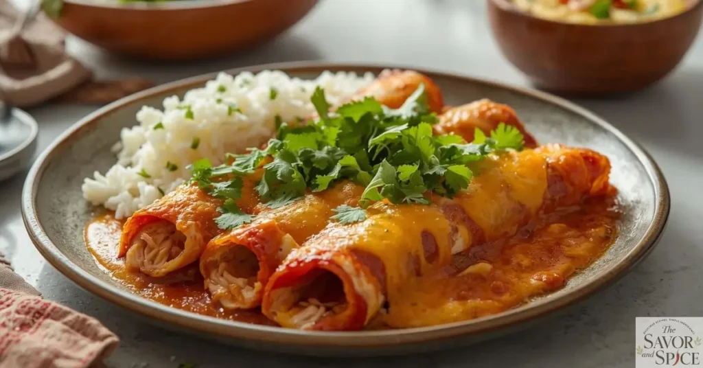 Creamy chicken enchilada with arroz blanco and Mexican slaw.