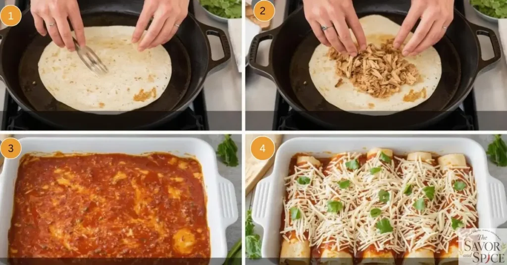 Step-by-step collage of Easy Chicken Enchilada assembly: warming tortillas, spreading chicken filling, layering sauce in the baking dish, and arranging rolled enchiladas with cheese on top.