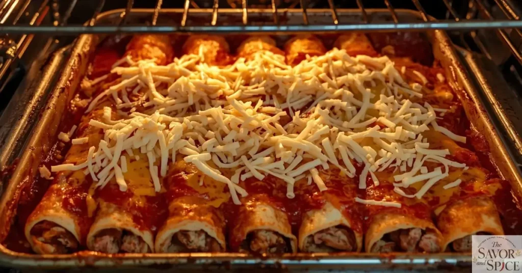 Rolled Easy Chicken Enchilada in a baking dish topped with sauce and shredded cheese, in the oven.