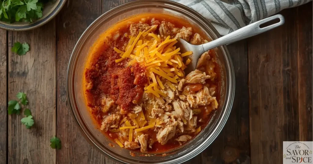 Shredded chicken mixed with spices, cheese, and enchilada sauce, ready to be rolled into Easy Chicken Enchiladas.